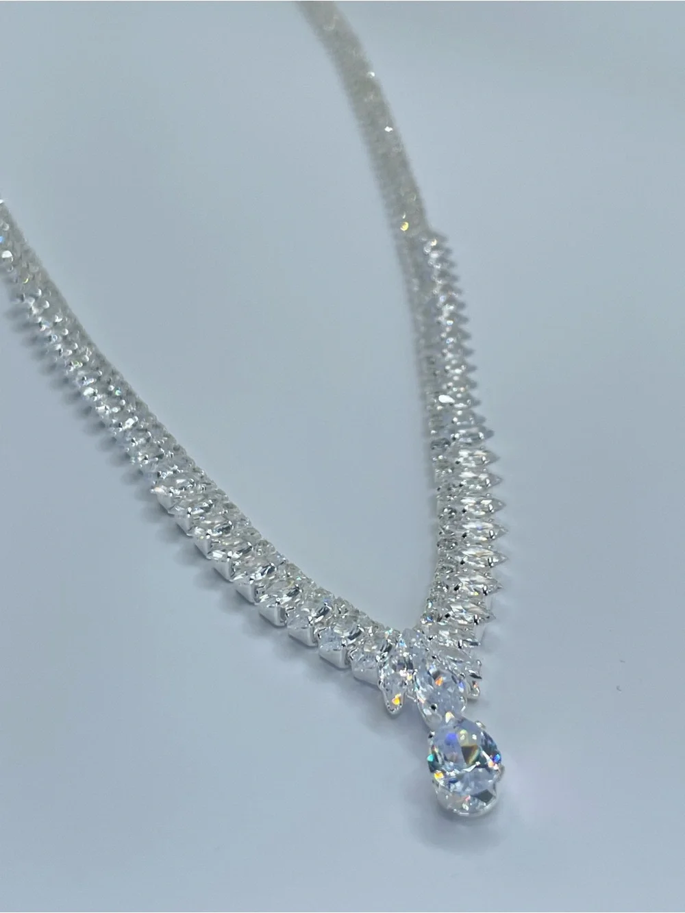 Swarovski Crystal Elements White Crystal Y Drop Bridal Tennis Necklace Art Deco